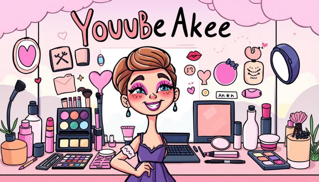 A colorful and whimsical cartoon illustration depicting the goal and subject of a YouTube makeup artist channel. In the foreground, a friendly, stylized character with vibrant makeup poses confidently, showcasing their skills. The middle ground features an array of cosmetic tools, beauty products, and references to popular makeup trends. The background is filled with a dreamlike, pastel-hued landscape, perhaps a studio or creative workspace, conveying a sense of inspiration and creativity. The overall mood is playful, inviting, and reflective of the channel's focus on professional makeup artistry and techniques.