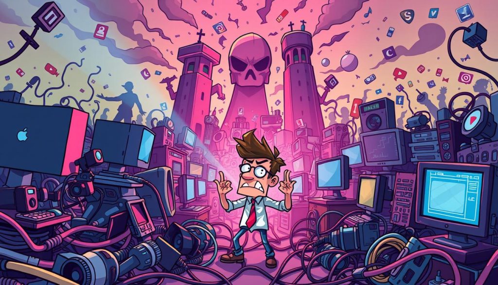 A colorful and whimsical cartoon illustration depicting the various challenges and obstacles faced by a YouTuber. In the foreground, a frustrated YouTuber character struggles to navigate a maze of tangled cables, broken cameras, and glitchy computer screens. In the middle ground, towering social media platforms loom ominously, casting shadows over the scene. The background is filled with a chaotic jumble of ever-changing algorithms, copyright claims, and demonetization hurdles, creating a sense of overwhelming complexity. The lighting is dramatic, with vibrant hues and dynamic shadows to heighten the dramatic tension. The overall mood is one of creative frustration and the unique challenges of building a successful YouTube channel in the modern digital landscape.