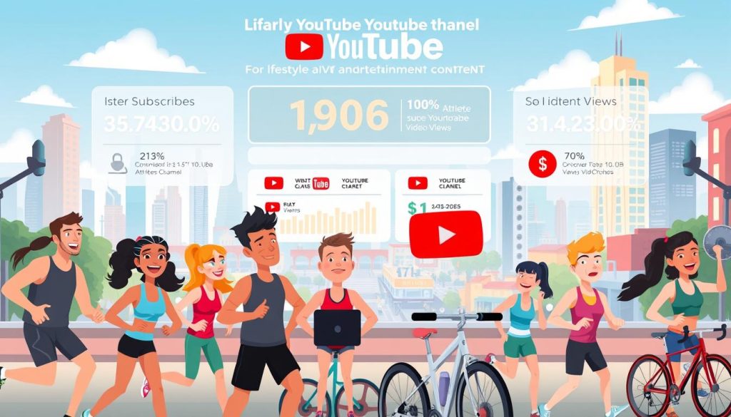 A colorful and whimsical illustration depicting the benefits of YouTube for lifestyle and entertainment content from athletes. In the foreground, a group of animated athletes engaged in various sports like running, cycling, and weightlifting, all enthusiastically sharing their experiences on YouTube. In the middle ground, a dynamic display of subscriber counts, video views, and revenue statistics, showcasing the platform's potential to amplify an athlete's reach and influence. In the background, a vibrant cityscape with skyscrapers and bustling streets, representing the global audience accessible through YouTube. The overall mood is energetic, upbeat, and aspirational, inviting the viewer to consider the advantages of starting a YouTube channel as an athlete.