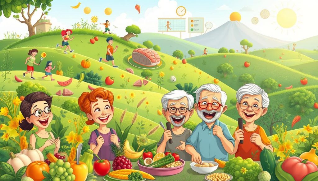 A colorful and whimsical illustration depicting the health benefits of wholesome foods for middle-aged individuals. A vibrant and playful scene set in a lush, verdant landscape, showcasing a variety of fresh, nutritious ingredients like fruits, vegetables, whole grains, and lean proteins. The foreground features a group of friendly, smiling middle-aged characters enthusiastically enjoying their healthy meals, while the background depicts scenes of physical activity, mental wellbeing, and a sense of overall vitality. The lighting is warm and natural, creating a cheerful and inviting atmosphere. The illustration is rendered in a charming, cartoon-like style to convey the approachability and enjoyment of healthy eating for this age group.