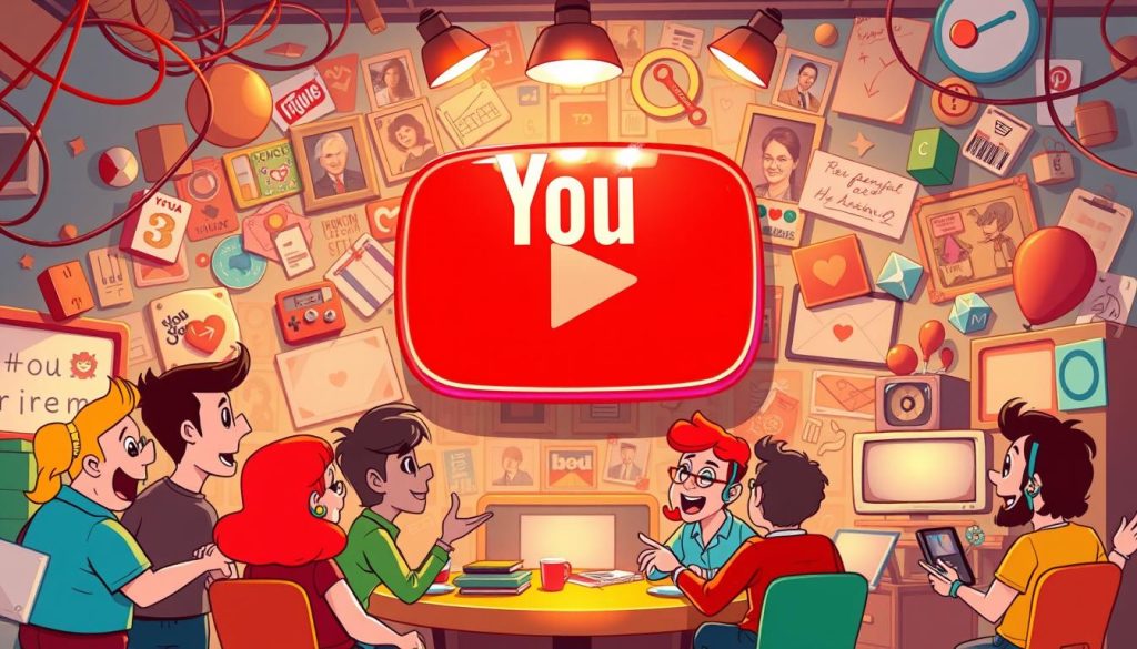 A colorful and whimsical scene of a bustling marketing campaign for a nostalgic YouTube channel. In the foreground, a team of animated characters, each with a unique personality, brainstorm creative ideas, surrounded by swirling lines and playful graphics. The middle ground features a large, retro-inspired YouTube logo, gleaming under warm, diffused lighting. In the background, a collage of vintage photographs, mementos, and ephemera evoke a sense of nostalgia and personal connection. The overall atmosphere is vibrant, imaginative, and inviting, capturing the essence of a successful marketing strategy for a channel celebrating the past.