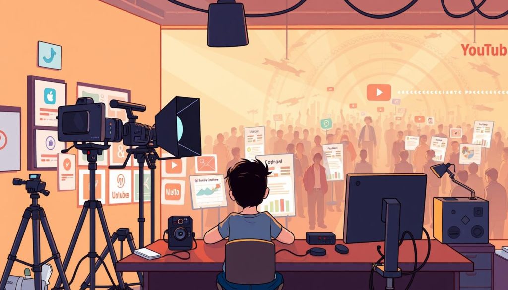 A colorful cartoon scene depicting the challenges of running a YouTube channel. In the foreground, a frustrated YouTuber sits at a desk, surrounded by video equipment, lighting, and a tangle of cables. The middle ground shows a gallery of social media icons and analytics charts, representing the pressures of audience engagement and growth. In the background, a maze of obstacles looms, including demonetization policies, algorithm changes, and fierce competition. The lighting is warm and inviting, but an underlying tension permeates the scene, conveying the hard work and persistence required to succeed on the platform.