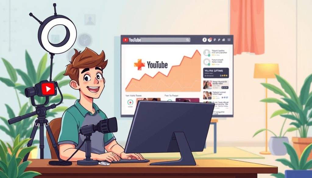 A colorful, vibrant cartoon illustration depicting the successful creation of a popular YouTube channel. In the foreground, a confident, youthful content creator sits at a desk, surrounded by modern tech like a high-quality camera, ring light, and sleek computer setup. The middle ground shows a busy, dynamic YouTube interface with views, likes, and subscriber metrics climbing rapidly. In the background, a serene, minimalist living space with lush greenery and soft, warm lighting creates a calming, focused atmosphere. The overall mood is one of accomplishment, creativity, and mental clarity - reflecting the article's subject of mindfulness-focused YouTube content for a middle-aged audience.