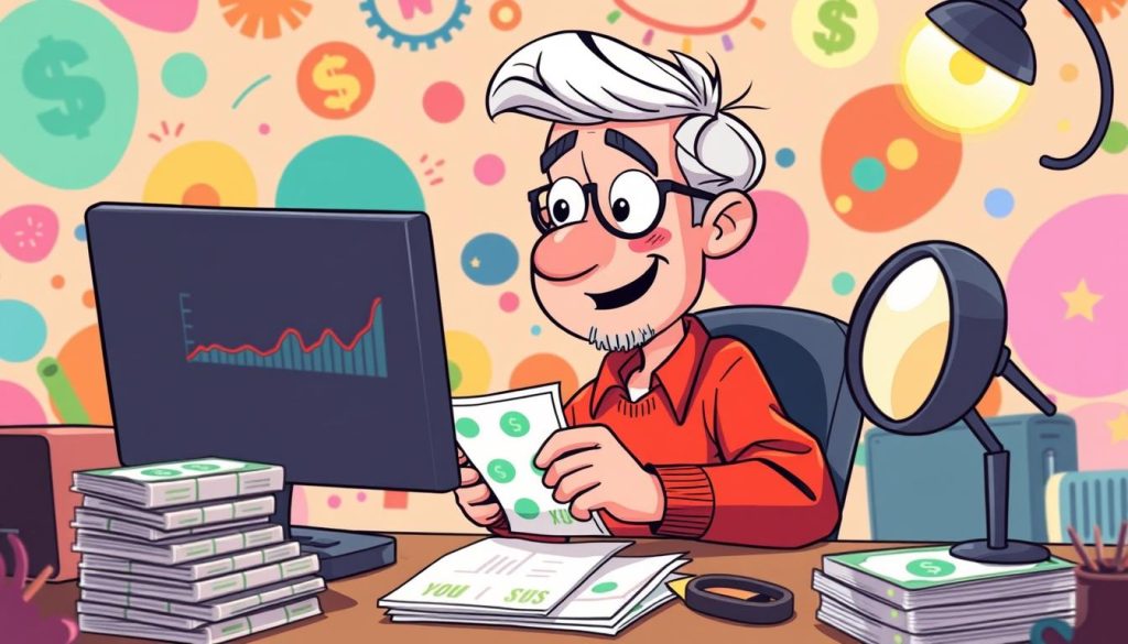 A colorful, whimsical cartoon scene depicting a YouTuber examining their earnings dashboard with a mix of excitement and skepticism. The YouTuber, a middle-aged person with an amicable expression, sits at a desk surrounded by stacks of bills, a computer monitor, and a magnifying glass. The background is filled with vibrant, stylized shapes and patterns, creating a playful, imaginative atmosphere. Soft, warm lighting illuminates the scene, adding a sense of approachability and warmth. The overall tone conveys a lighthearted, humorous exploration of the financial realities of running a YouTube channel.