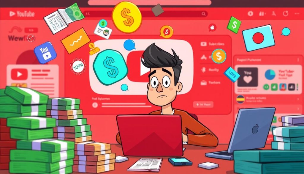 A colorful, whimsical cartoon scene depicting a YouTuber reviewing their channel's income stream. In the foreground, the YouTuber sits at a desk, surrounded by stacks of cash, a laptop, and a smartphone. They have a contemplative expression as they analyze spreadsheets and financial data. In the middle ground, vibrant icons and graphics representing YouTube monetization features float around them, such as dollar signs, ad banners, and subscriber icons. The background shows a stylized YouTube interface, with the platform's signature red color scheme and various UI elements. The overall mood is one of careful consideration and evaluation, with a touch of playfulness and humor to match the cartoon aesthetic.