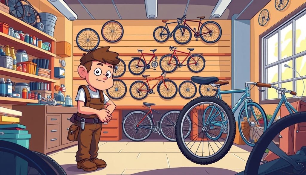 A colorful, whimsical scene of a bicycle repair shop. In the foreground, a cartoon character mechanic, wearing overalls and a tool belt, is intently focused on fixing a bike tire. Behind them, shelves are stocked with an array of bicycle parts and tools. The middle ground features a wall display showcasing different bicycle models, each with its own unique style and personality. In the background, a large window allows natural light to pour in, creating a warm and inviting atmosphere. The overall mood is one of creativity, problem-solving, and the joy of getting a bike back in working order. A colorful, whimsical scene of a bicycle repair shop. In the foreground, a cartoon character mechanic, wearing overalls and a tool belt, is intently focused on fixing a bike tire. Behind them, shelves are stocked with an array of bicycle parts and tools. The middle ground features a wall display showcasing different bicycle models, each with its own unique style and personality. In the background, a large window allows natural light to pour in, creating a warm and inviting atmosphere. The overall mood is one of creativity, problem-solving, and the joy of getting a bike back in working order.