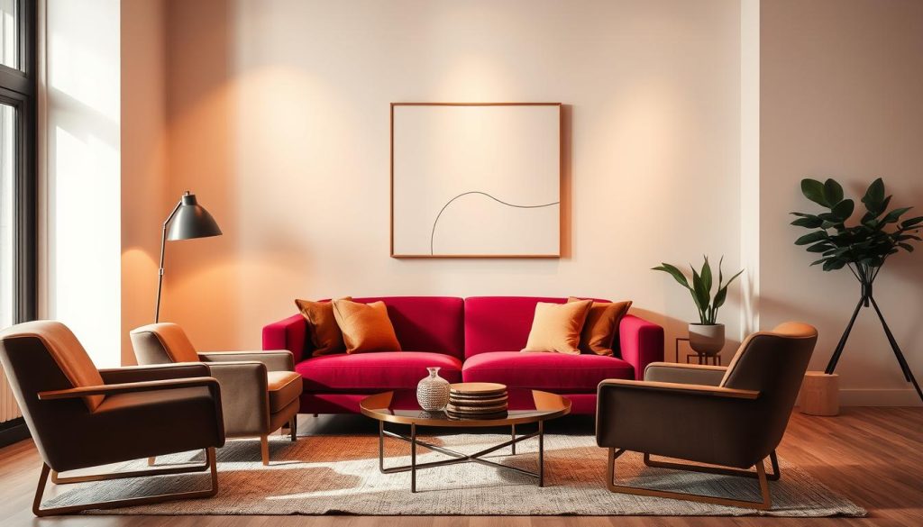 A contemporary studio living room with a chic and stylish design. The focal point is a sleek, modern sofa in a rich, jewel-toned upholstery, complemented by a pair of stylish armchairs in a complementary color. The space is bathed in warm, soft lighting, creating a cozy and inviting atmosphere. In the background, a minimalist, yet eye-catching wall art piece adds a touch of visual interest. The overall aesthetic is one of refined elegance, reflecting the sophisticated style of the featured fashion and beauty YouTube content.