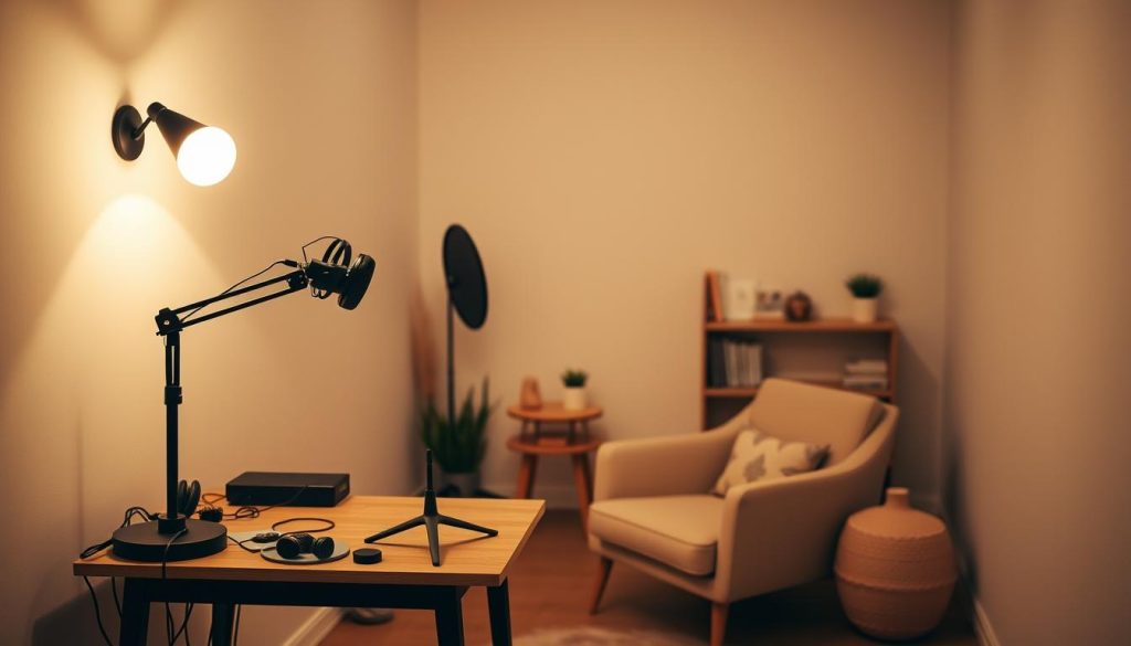 A cozy ASMR studio setup with a minimalist, Scandinavian-inspired aesthetic. Soft, diffused lighting from a single overhead lamp creates a warm, inviting ambiance. A small desk in the foreground features a high-quality microphone, headphones, and other audio equipment, positioned for optimal sound capture. The middle ground showcases a neutral-toned armchair and a small side table, ideal for recording intimate, relaxing content. In the background, simple shelving displays carefully curated decor, including plants and a few personal touches. The overall mood is one of tranquility, comfort, and attention to detail, perfectly suited for an immersive ASMR experience.