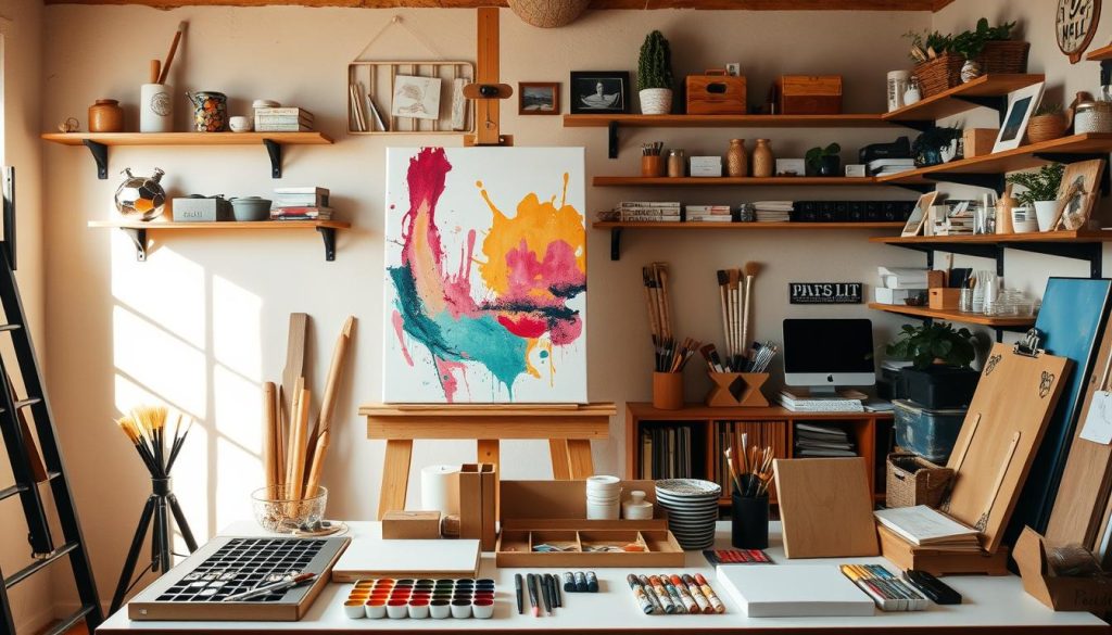 A cozy DIY art studio with a large, hand-crafted wooden easel displaying a vibrant, abstract painting. Shelves on the walls hold an assortment of art supplies, brushes, and creative trinkets. Soft, warm lighting casts a natural glow, complementing the rustic, yet professional décor. In the foreground, a stylish, minimalist table showcases an array of handmade canvases, paints, and tools, inviting the viewer to explore the artistic process. The overall atmosphere exudes a sense of creativity, craftsmanship, and personal expression, perfect for a passionate YouTuber's artistic haven.