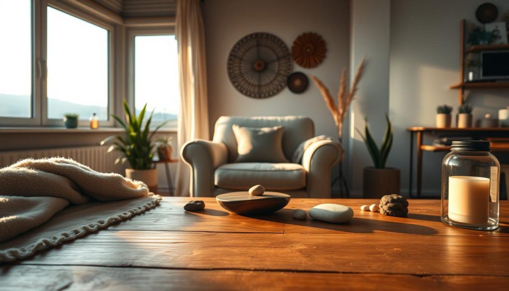 A cozy and inviting ASMR scene, bathed in soft, warm lighting. A wooden table in the foreground, adorned with plush fabrics, natural elements like plants and stones, and carefully arranged decorative items that create a harmonious, aesthetically pleasing composition. In the middle ground, a comfortable armchair, perfect for an immersive audio experience, positioned in front of a large window showcasing a serene outdoor landscape. The background features tasteful wall decor and subtle, ambient lighting that enhances the overall relaxing atmosphere. Thoughtful framing and camera angles highlight the details and draw the viewer's attention to the key elements that contribute to a soothing, visually compelling ASMR setup.