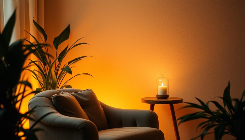 A cozy and inviting YouTube ASMR-inspired decor, bathed in warm, soft lighting. A plush, velvety armchair sits in the foreground, nestled among lush greenery and natural textures. Gentle, diffused light emanates from hidden sources, creating an atmosphere of tranquility and relaxation. In the middle ground, a minimalist wooden side table holds a flickering candle, its flame casting dancing shadows across the space. The background features a neutral-toned, textured wall, providing a calming, soothing backdrop. The overall scene exudes a sense of comfort, intimacy, and mindfulness, perfectly suited for an immersive ASMR experience.