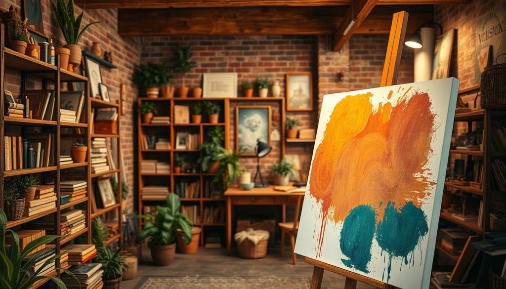 A cozy and inviting YouTube art studio with a rustic, creative vibe. In the foreground, a large canvas on an easel displays an abstract, vibrant painting, the artist's brushstrokes visible. In the middle ground, bookshelves filled with art supplies, sketchbooks, and vintage-inspired decor elements like potted plants and framed posters. The background features a warm, natural-lit space with exposed brick walls and wooden beams, creating a serene, inspirational atmosphere for the artist's work. Soft, diffused lighting illuminates the scene, enhancing the handcrafted, artisanal feel. The overall composition exudes a sense of passion, productivity, and artistic expression.
