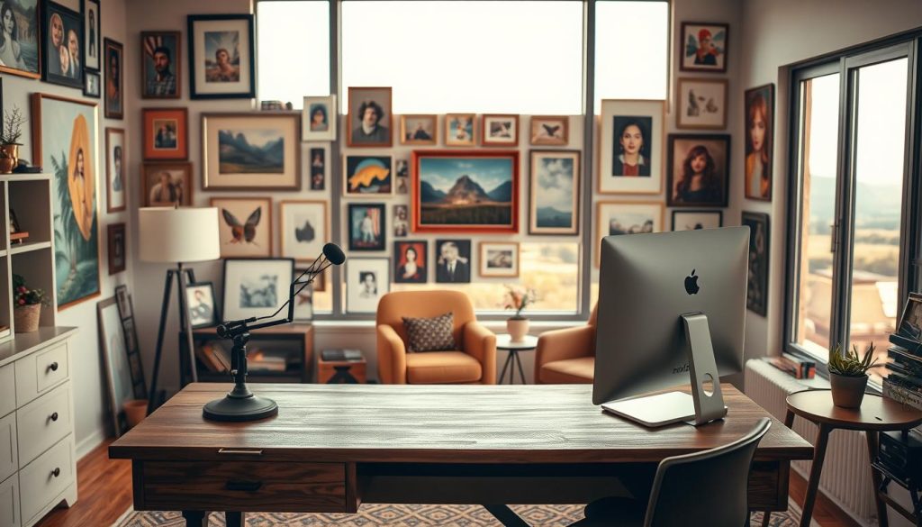 A cozy and inviting YouTube-inspired decor scene with a focus on creative artwork and unique furnishings. In the foreground, a stylish wooden desk with a retro-style microphone and a desktop computer. On the wall behind, an eclectic gallery of framed paintings and photographs in various sizes and styles. The middle ground features a comfortable armchair and a small side table with a decorative plant. The background showcases a large window overlooking a scenic landscape, bathing the entire space in warm, natural lighting. The overall atmosphere is both professional and artistically-inclined, reflecting the theme of a creative YouTube content creator's workspace.