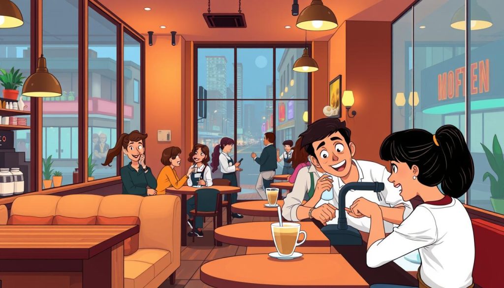 A cozy and inviting coffee shop, with warm lighting casting a soft glow over the interior. The foreground features plush seating arrangements, a wooden counter, and a barista meticulously crafting a latte. In the middle ground, patrons engage in lively conversations, their faces animated and expressive. The background showcases a wall of floor-to-ceiling windows, offering a panoramic view of a vibrant city street. The overall atmosphere is one of comfort, relaxation, and a sense of community, drawing the viewer into the alluring world of the contemporary cafe.