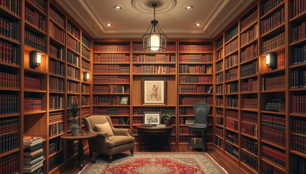 A cozy and inviting library corner with floor-to-ceiling bookshelves in a warm, earthy color palette. Soft, diffused lighting from a central pendant lamp and recessed wall sconces creates a peaceful, intimate atmosphere. Accent pieces like a plush reading chair, a small side table, and a decorative rug add layers of texture and visual interest. The bookshelves are filled with a curated collection of leather-bound volumes, interspersed with decorative elements such as potted plants, framed artwork, and antique trinkets. The overall aesthetic conveys a sense of intellectual sophistication and timeless elegance, perfect for a book-themed YouTube video backdrop.