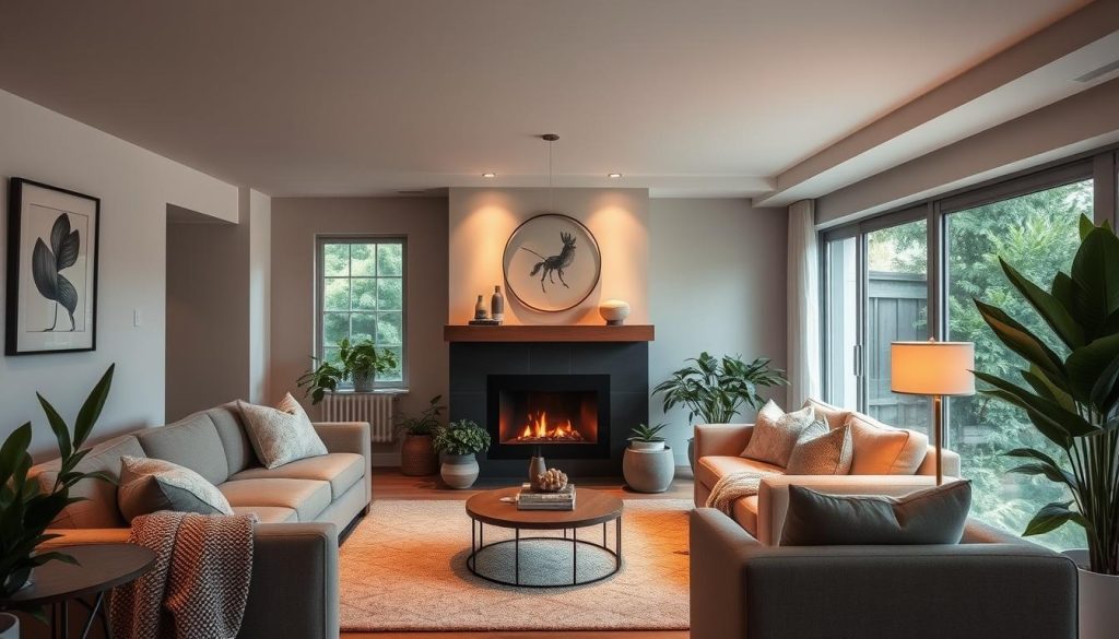 A cozy and inviting living room with a serene ambiance. Soft lighting emanates from a central fireplace, casting a warm glow throughout the space. Plush, neutral-toned furniture including a deep sofa and armchair create a comfortable seating area. Decorative elements such as potted plants, textured throws, and minimal wall art contribute to the tranquil atmosphere. Large windows allow natural light to filter in, illuminating the room and providing a connection to the outdoors. The overall design is sophisticated yet relaxing, reflecting a high-quality, professional-level interior aesthetic.
