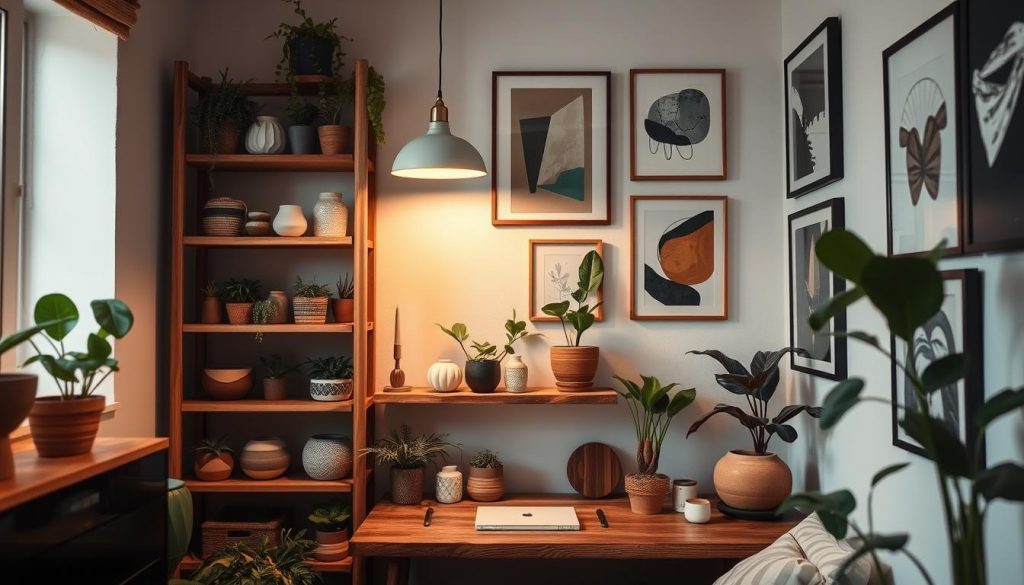 A cozy and inviting small space decor with a minimalist yet stylish aesthetic. A rustic wooden shelving unit showcases an array of potted plants, artful ceramics, and a few carefully curated decorative pieces. Soft, diffused lighting from a pendant lamp casts a warm glow, complementing the earthy tones of the space. The walls are adorned with a gallery-style arrangement of framed abstract art prints, creating visual interest and a sense of coziness. The overall impression is one of a well-designed, functional, and visually appealing workspace or home office nook, perfect for a YouTube content creator's artistic setup.