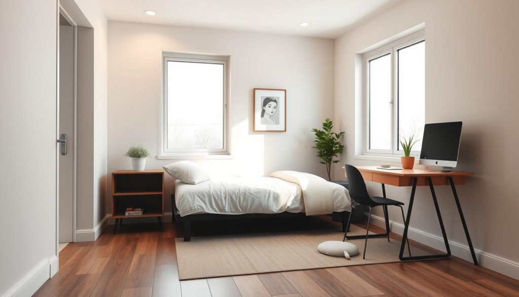 A cozy and well-designed small bedroom with a minimalist aesthetic. The room features a compact but functional layout, with a neatly arranged single bed, a sleek nightstand, and a minimalist desk tucked into the corner. Soft, diffused lighting creates a warm, inviting atmosphere, while large windows allow natural light to flood the space. The walls are painted in a soothing neutral tone, complemented by a few carefully curated decorative elements, such as a framed artwork and a potted plant. The overall impression is one of simplicity, efficiency, and a professional, yet relaxing ambiance, ideal for a small home studio or an educational video backdrop.