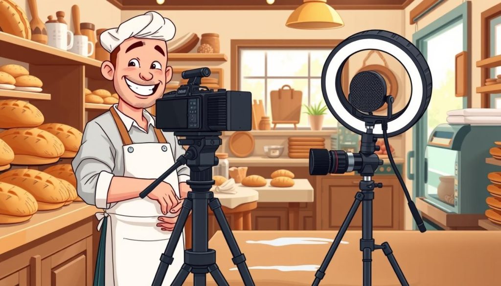 A cozy bakery filled with the aroma of freshly baked bread, the counter showcasing an array of artisanal loaves and pastries. In the foreground, a jovial baker in a crisp white apron kneads dough, while behind him, the latest YouTube equipment stands ready - a professional camera, a ring light, and a microphone. The background depicts a warm, inviting space with homey decor and natural light filtering through the windows, setting the stage for an informative and engaging video on the bakery's inner workings. The overall atmosphere conveys a sense of small-town charm and the proud passion of a local business owner sharing their craft with the world.