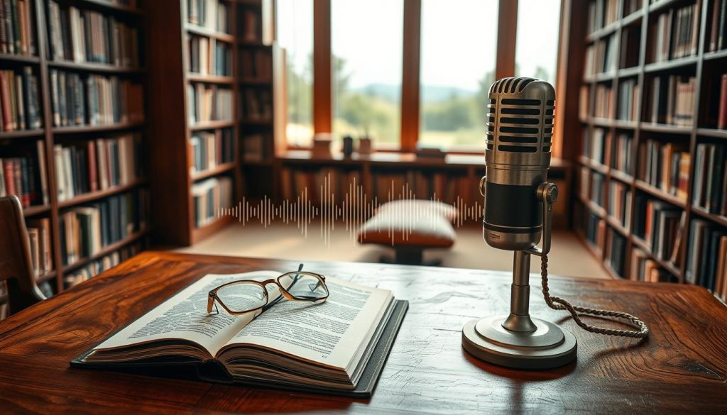 A cozy, book-lined library setting with soft, ambient lighting. In the foreground, a beautifully-crafted wooden table holds an open book, a pair of reading glasses, and a vintage-style microphone. Subtle sound wave visualizations dance across the book's pages, accompanied by a soothing, instrumental musical backdrop that complements the warm, intellectual atmosphere. The middle ground features floor-to-ceiling bookshelves, their volumes casting gentle shadows. In the background, a large window overlooks a tranquil outdoor scene, allowing natural light to filter in and create a serene, contemplative mood perfect for a book review.