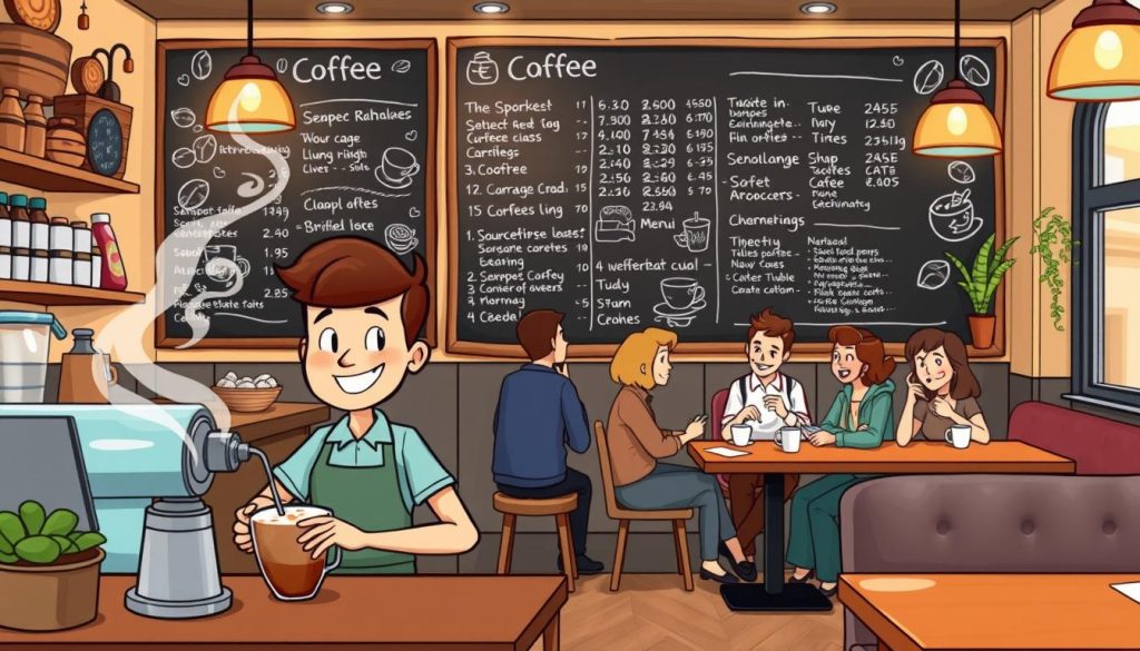 A cozy coffee shop interior, with a large chalkboard menu board showcasing an array of tempting drinks and treats. In the foreground, a cartoon barista with a bright smile and friendly demeanor prepares a steaming latte, surrounded by whimsical cartoon elements like swirling steam and dancing coffee beans. The middle ground features a group of cartoon patrons, each with their own unique personality, engaged in lively conversation and enjoying their beverages. The background presents a warm, inviting atmosphere with wooden tables, plush seating, and soft lighting, creating a welcoming ambiance for the perfect YouTube vlog setting.