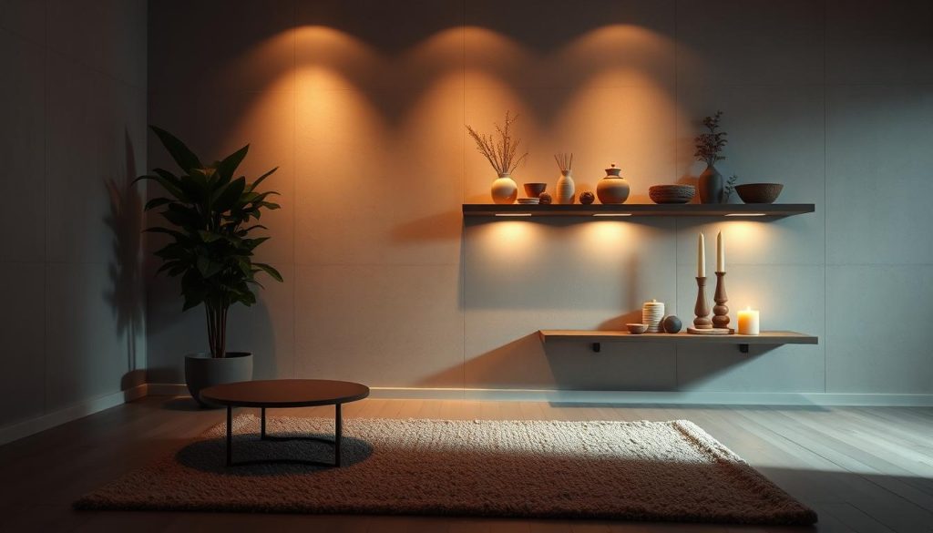 A cozy, dimly lit ASMR studio with soft, diffused lighting and a warm, inviting ambiance. In the foreground, a plush, textured area rug grounds the space, complemented by a low, minimalist coffee table. Adorning the middle ground, a large, lush potted plant casts gentle shadows, creating a sense of depth and natural serenity. The background features a neutral, textured wall, accentuated by a sleek, floating shelf displaying an array of decorative elements, such as ceramic vessels, candles, and natural materials, all bathed in a soft, golden glow. The overall design exudes a professional, high-quality aesthetic that perfectly captures the essence of an immersive ASMR experience.