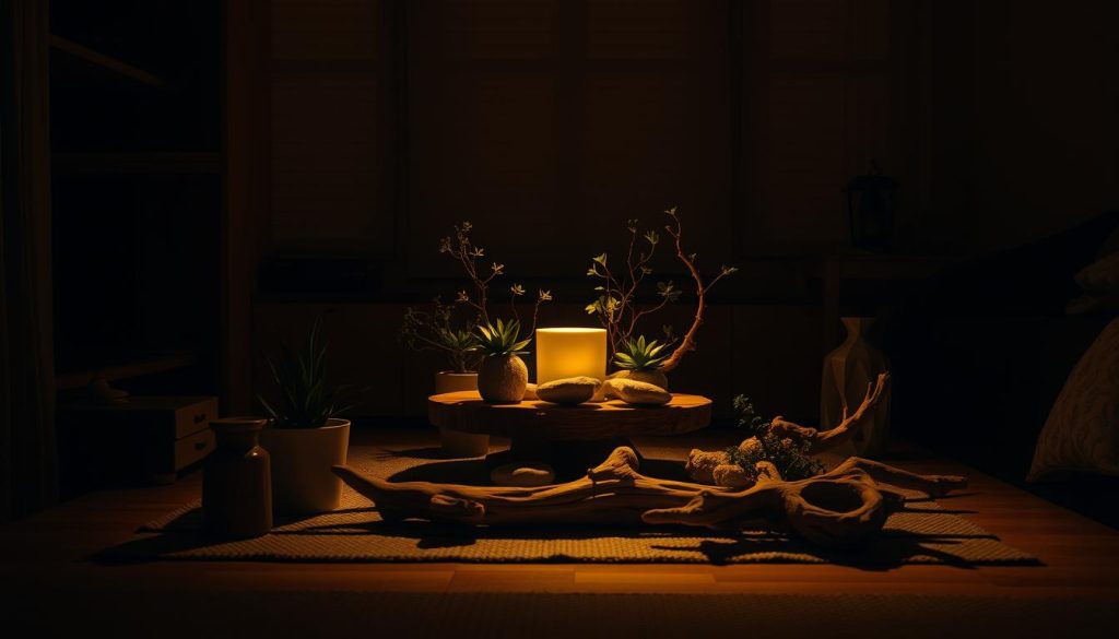 A cozy, dimly lit ASMR-themed interior with warm, soft lighting emanating from a centerpiece display. The scene features an arrangement of natural elements like potted plants, stones, and driftwood, meticulously curated to create a tranquil, meditative ambiance. Shadows and highlights interplay across the surfaces, adding depth and a sense of tactility to the composition. The camera angle is slightly elevated, inviting the viewer to immerse themselves in the calming, tightly framed setting. The overall mood is one of understated elegance and mindful simplicity, reflecting the soothing nature of ASMR content.
