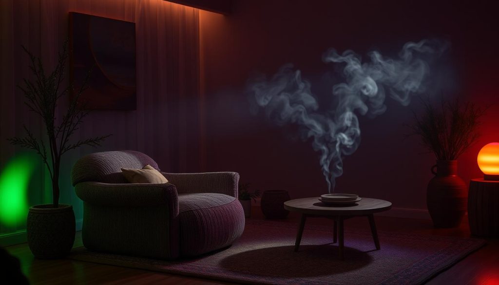 A cozy, dimly lit room with soft, warm lighting casting a gentle glow. The space is adorned with a plush, oversized armchair and a low coffee table, both bathed in rich, mellow hues. Strategically placed ambient lights emit a colorful, soothing spectrum, creating an immersive, calming ambiance. Lush, textured fabrics and natural wood elements add depth and tactility, while wisps of smoke gently drift through the air, enhancing the serene, meditative atmosphere. The overall design is harmonious, inviting, and tailored to foster a deeply relaxing, ASMR-inspired experience.