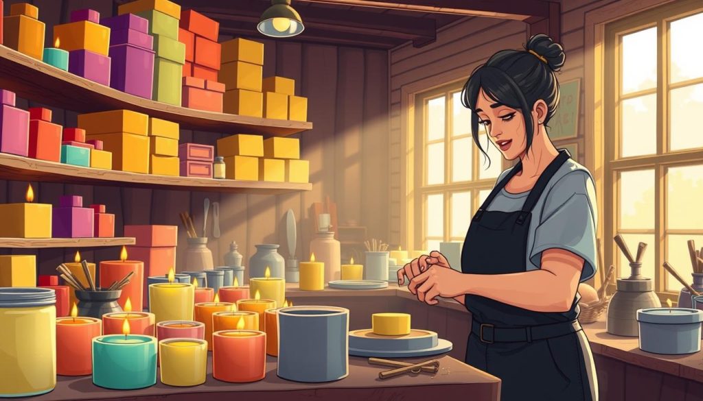 A cozy, hand-crafted candle-making workshop, brimming with artisanal charm. Vibrant wax blocks in a spectrum of hues adorn the shelves, casting a warm, inviting glow. In the foreground, a skilled artisan meticulously shapes and molds candles, their hands deftly manipulating the malleable material. Behind them, an array of tools and implements - wicks, molds, and fragrant essential oils - speak to the care and attention to detail that goes into each creation. The background features a rustic, wood-paneled setting, lending an atmosphere of rustic sophistication. Soft lighting filters in through large windows, casting a gentle, golden hue over the entire scene, evoking a sense of tranquility and handmade authenticity.