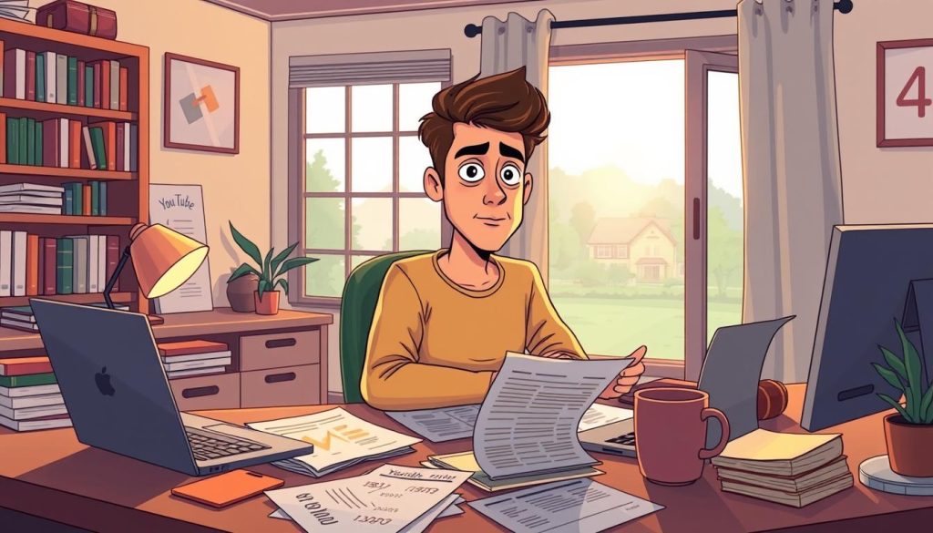 A cozy home office setting, with a person sitting at a desk and contemplating their YouTube earnings. The lighting is warm and inviting, casting a soft glow on the scene. The desk is cluttered with papers, a laptop, and a mug of coffee, suggesting a deep focus on financial analysis. In the background, shelves filled with books and a window overlooking a peaceful suburban landscape create a sense of balance and introspection. The person's expression is pensive, as they carefully review the numbers and consider the value of their content creation efforts. The overall mood is one of thoughtful assessment, with a touch of whimsy through the use of a stylized, cartoon-like visual style.