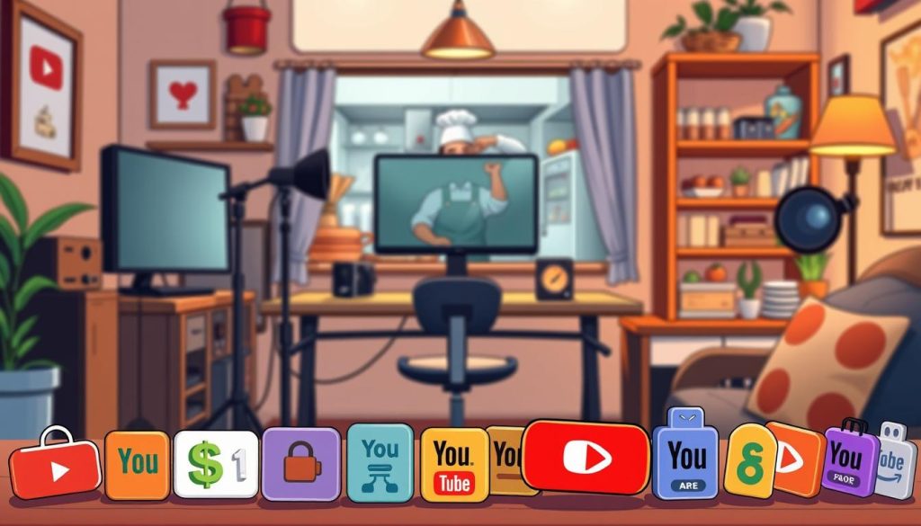 A cozy home office setup with a desk, computer, and various recording equipment. The foreground features an array of colorful revenue-generating YouTube video icons, symbolizing the potential for a local restaurant's YouTube channel to become a profitable income stream. The middle ground showcases a chef in the restaurant's kitchen, capturing the behind-the-scenes action that could captivate viewers. The background depicts a warm, inviting atmosphere with soft lighting and a cheerful, entrepreneurial vibe. The overall scene conveys the opportunity to transform a restaurant's YouTube content into a thriving, revenue-generating enterprise.