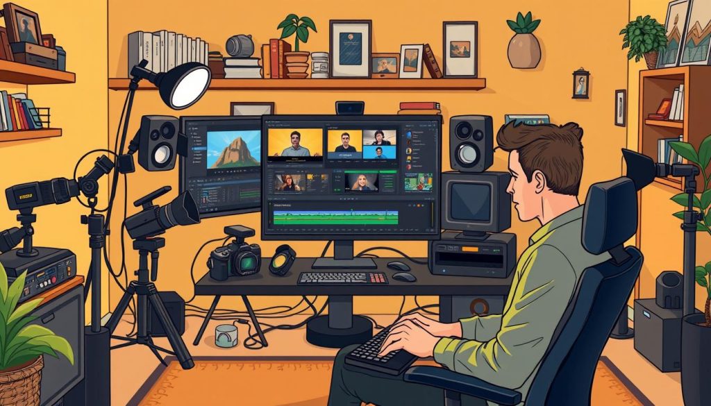 A cozy home studio with a professional-grade video editing workstation. The main focus is a large, high-resolution computer monitor displaying video editing software, surrounded by an array of cameras, lighting equipment, and audio gear. In the foreground, a skilled video editor sits absorbed in their work, hands poised over the keyboard, their face illuminated by the soft glow of the screen. The background is a warm, inviting space with shelves of reference books and inspirational mementos. A sense of creative focus and efficiency pervades the scene, perfectly capturing the essence of video editing. A cozy home studio with a professional-grade video editing workstation. The main focus is a large, high-resolution computer monitor displaying video editing software, surrounded by an array of cameras, lighting equipment, and audio gear. In the foreground, a skilled video editor sits absorbed in their work, hands poised over the keyboard, their face illuminated by the soft glow of the screen. The background is a warm, inviting space with shelves of reference books and inspirational mementos. A sense of creative focus and efficiency pervades the scene, perfectly capturing the essence of video editing.