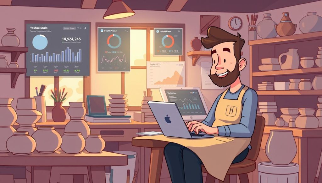 A cozy home studio with a workbench and pottery tools. A YouTuber, dressed in an apron, sits calculating revenue figures on a laptop, surrounded by neatly stacked handmade ceramic pieces. Soft, warm lighting filters through the windows, casting a gentle glow on the scene. In the background, a digital dashboard displays analytics and subscriber counts, hinting at the creator's successful channel. The overall atmosphere conveys the satisfaction of a thriving pottery-focused YouTube business. A cozy home studio with a workbench and pottery tools. A YouTuber, dressed in an apron, sits calculating revenue figures on a laptop, surrounded by neatly stacked handmade ceramic pieces. Soft, warm lighting filters through the windows, casting a gentle glow on the scene. In the background, a digital dashboard displays analytics and subscriber counts, hinting at the creator's successful channel. The overall atmosphere conveys the satisfaction of a thriving pottery-focused YouTube business.