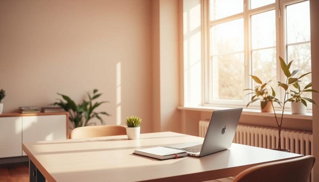 A cozy, inviting online classroom setting with a warm, natural lighting filtering through large windows. A simple, minimalist desk setup with a laptop, notebook, and a potted plant. The background features an elegant, muted color palette, perhaps in shades of beige or light gray, creating a serene and focused atmosphere. The room has clean, modern lines and uncluttered surfaces, emphasizing a professional yet approachable ambiance suitable for language and social skills education.