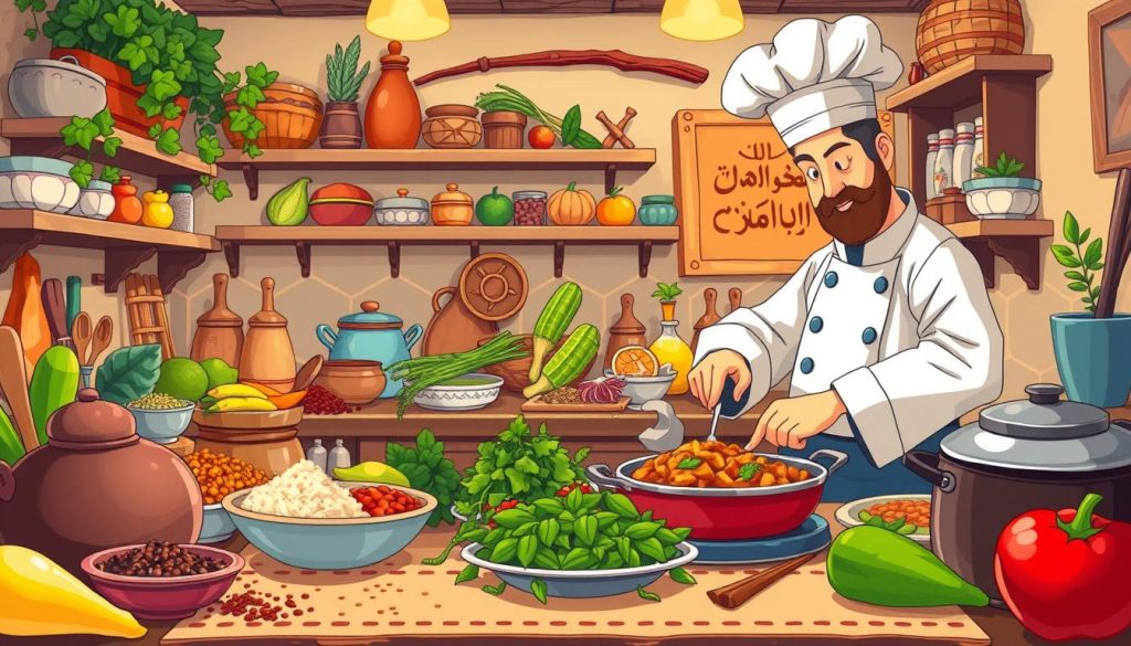 A cozy kitchen with a vibrant mix of traditional Iranian ingredients and cookware. In the foreground, a chef in traditional attire skillfully prepares a classic dish, their hands moving with practiced precision. The middle ground showcases an array of colorful spices, herbs, and fresh produce, hinting at the rich flavors to come. In the background, a warm, inviting atmosphere with soft lighting and traditional decor sets the mood for a homemade, comforting meal. The scene exudes a sense of cultural heritage and the joy of cooking time-honored recipes.