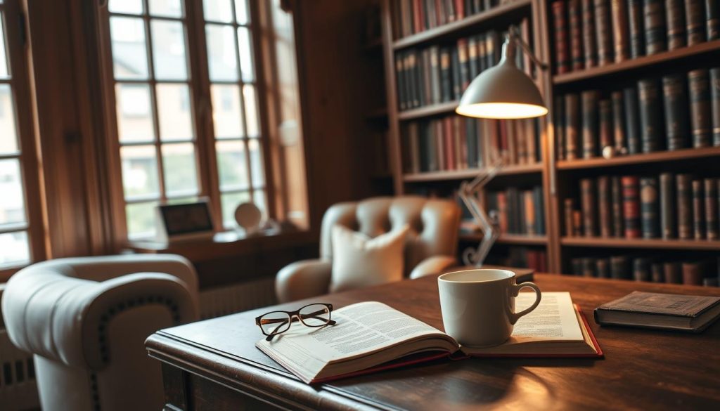 A cozy library nook with a wooden bookcase filled with leather-bound volumes, a plush armchair, and a desk lamp casting a warm glow. Arranged on the desk, an open book, a mug of steaming tea, and a pair of reading glasses, creating an inviting atmosphere for a thoughtful YouTube book review. The scene is bathed in soft, natural lighting, with a bookshelf in the background adding depth and a sense of scholarly ambiance.