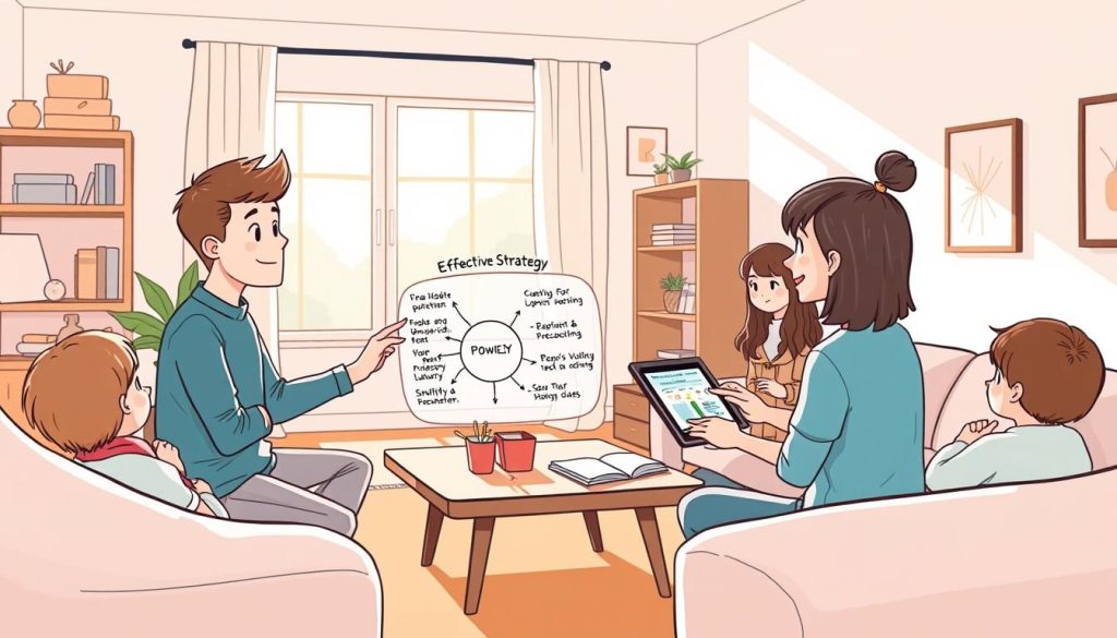 A cozy living room with minimalist decor, sunlight streaming through large windows, and a family gathered around a coffee table. A young person is explaining a visual diagram on a tablet, illustrating effective strategies for reducing unnecessary luxuries and simplifying one's lifestyle. The atmosphere is warm and inviting, conveying a sense of calm and focus. The scene has a hand-drawn, cartoon-like aesthetic, with soft colors and rounded shapes, emphasizing the approachable and relatable nature of the content.
