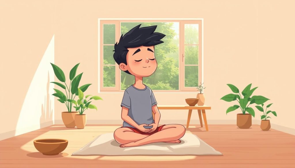 A cozy meditation studio with soft, natural lighting. In the foreground, a young person sits cross-legged on a plush cushion, eyes closed in deep concentration. Surrounding them, simple yet elegant decor - a few potted plants, a meditation bowl, and a minimalist wooden table. In the middle ground, a large window offers a serene view of a lush, green garden. The background features a muted, pastel-colored wall, creating a calming, introspective atmosphere. The scene evokes a sense of tranquility and inner peace, perfect for a meditation-focused YouTube channel.