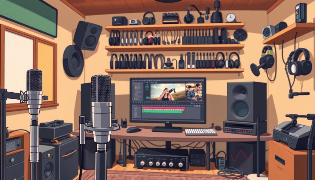 A cozy recording studio filled with an array of professional-grade audio equipment. In the foreground, a high-quality microphone on a sturdy stand, its sleek design and chrome finish catching the light. Beside it, a compact audio interface with knobs and dials for precise sound control. In the middle ground, a large monitor display showcases video editing software, its interface intuitive and user-friendly. In the background, a collection of dynamic and condenser microphones, headphones, and cables neatly organized on shelves, all in a warm, inviting color palette. The lighting is soft and diffused, creating a comfortable, creative atmosphere perfect for recording high-quality video content.
