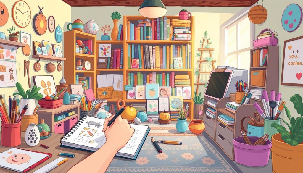 A cozy studio filled with vibrant colors and whimsical illustrations. In the foreground, an artist's hand sketches ideas on a sketchpad, surrounded by a variety of crafting tools and materials. The middle ground features a curated selection of handmade items, each with its own unique charm. In the background, a large bookshelf showcases an array of inspirational books on arts and crafts. The lighting is soft and warm, creating a welcoming atmosphere for the viewer to explore and be inspired. The overall scene conveys a sense of creativity, passion, and the joy of discovering the perfect topic for a YouTube channel dedicated to handmade arts and crafts for adults. A cozy studio filled with vibrant colors and whimsical illustrations. In the foreground, an artist's hand sketches ideas on a sketchpad, surrounded by a variety of crafting tools and materials. The middle ground features a curated selection of handmade items, each with its own unique charm. In the background, a large bookshelf showcases an array of inspirational books on arts and crafts. The lighting is soft and warm, creating a welcoming atmosphere for the viewer to explore and be inspired. The overall scene conveys a sense of creativity, passion, and the joy of discovering the perfect topic for a YouTube channel dedicated to handmade arts and crafts for adults.