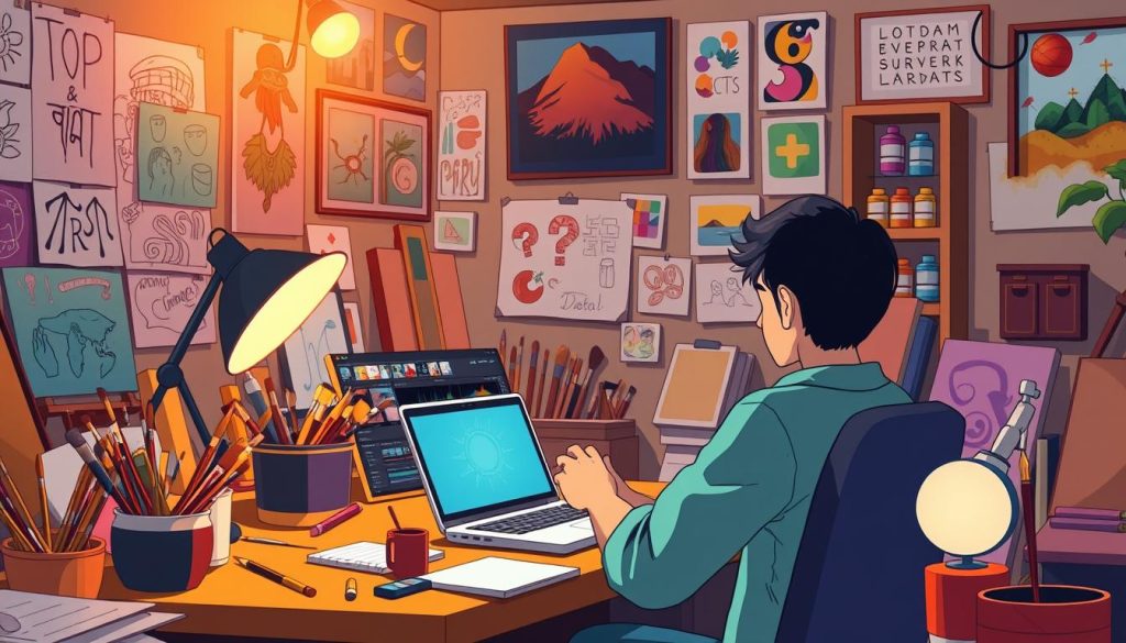 A cozy, vibrant studio filled with art supplies and creative tools. A person sits at a desk, intently focused on a laptop screen, their hands poised over a professional-grade video editing software. Warm, diffuse lighting casts a soft glow, highlighting the various paint brushes, canvases, and other materials scattered around the room. The walls are adorned with colorful sketches, paintings, and inspirational mood boards, reflecting the individual's artistic passions. The scene conveys a sense of concentration, productivity, and the joy of the creative process, perfectly encapsulating the "Nkāt-i Avvalīya Barāye Sākhte Vīdiyōhā" (Initial Tips for Making Videos) section of the article. A cozy, vibrant studio filled with art supplies and creative tools. A person sits at a desk, intently focused on a laptop screen, their hands poised over a professional-grade video editing software. Warm, diffuse lighting casts a soft glow, highlighting the various paint brushes, canvases, and other materials scattered around the room. The walls are adorned with colorful sketches, paintings, and inspirational mood boards, reflecting the individual's artistic passions. The scene conveys a sense of concentration, productivity, and the joy of the creative process, perfectly encapsulating the "Nkāt-i Avvalīya Barāye Sākhte Vīdiyōhā" (Initial Tips for Making Videos) section of the article.