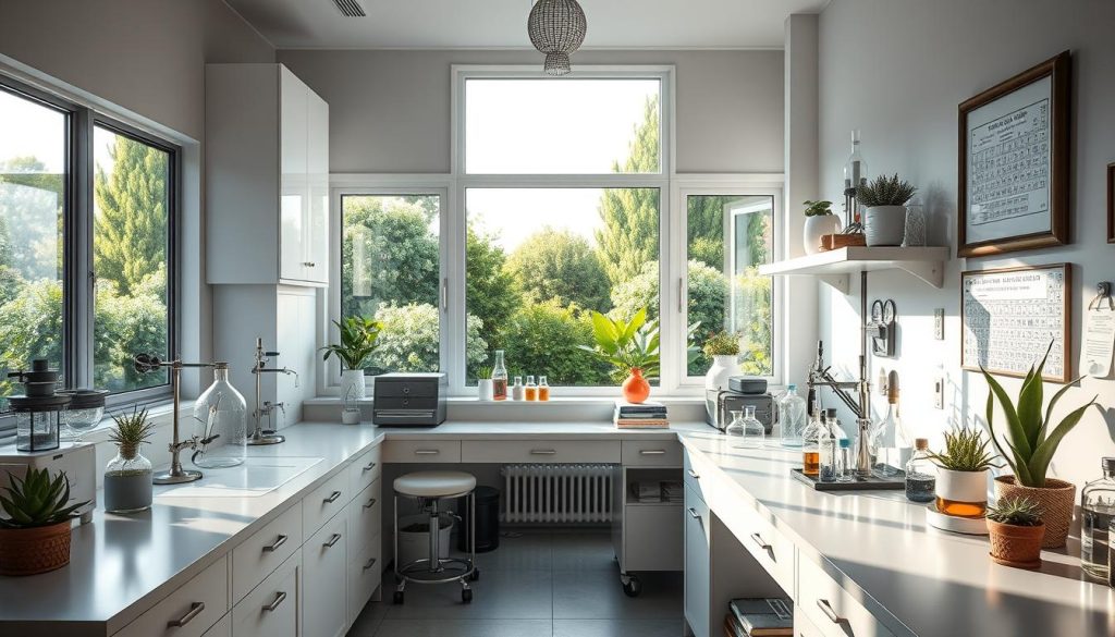 A cozy, well-equipped DIY home laboratory with a modern, minimalist aesthetic. Ample bench space, sleek stainless steel equipment, and clean white cabinetry create a professional yet inviting atmosphere. Soft, directional lighting illuminates intricate glassware and scientific instruments, casting dramatic shadows. Potted succulents and a framed periodic table add pops of organic greenery, balancing the clinical setting. Expansive windows offer panoramic views of a lush, verdant garden, blurring the line between indoors and out. An immersive, enriching environment for hands-on exploration and learning.