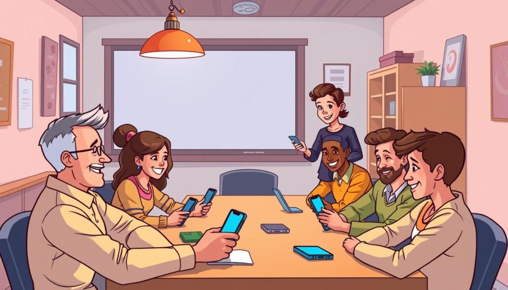 A cozy, well-lit classroom setting with a group of smiling, engaged adult students seated around a table, intently focused on learning how to use their smartphones. The teacher, a friendly and approachable individual, stands nearby, guiding them through step-by-step tutorials with clear, easy-to-understand demonstrations. The overall atmosphere is one of warmth, positivity, and a genuine desire to empower the students to master their mobile devices. The scene is rendered in a vibrant, cartoon-like style, with subtle, playful touches that add to the welcoming and approachable nature of the learning environment.