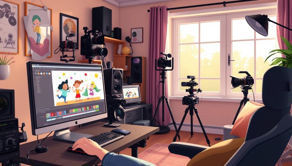 A cozy, well-lit home studio with an array of video editing equipment. In the foreground, a talented animator sits at a sleek, modern workstation, their fingers expertly navigating the video editing software. Colorful, expressive cartoon characters dance across the screen, their movements fluid and dynamic. The middle ground showcases a collection of cameras, lighting rigs, and audio equipment, all meticulously arranged to capture the perfect shot. The background features a large window, allowing natural light to flood the space and create a warm, inviting atmosphere. The overall scene conveys a sense of creativity, focus, and the joy of bringing whimsical animated stories to life through the art of video editing.