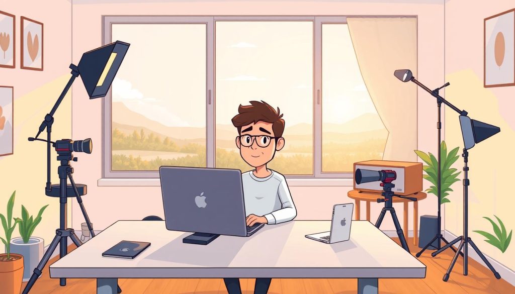 A cozy, well-lit home studio with minimal decor and warm lighting. A person sitting at a sleek, modern desk, intently focused on a laptop screen, surrounded by simple yet functional equipment like a professional-grade camera, microphone, and lighting setup. The room has large windows overlooking a peaceful outdoor scene, suggesting a sense of calm and inspiration. The person's expression conveys a mix of determination and enthusiasm, capturing the spirit of someone embarking on a new creative journey. The overall atmosphere is one of focus, productivity, and a touch of whimsy, reflecting the minimalist lifestyle theme.