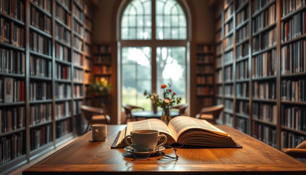 A cozy, well-lit library interior with floor-to-ceiling bookshelves lining the walls. On a sturdy wooden table in the foreground, an open book sits alongside a cup of coffee, a pair of reading glasses, and a small vase of fresh flowers. The lighting is warm and inviting, casting a soft glow throughout the space. The background features a large window overlooking a tranquil garden, creating a serene and contemplative atmosphere perfect for reviewing books. The overall design is sophisticated and elegant, with a harmonious balance of textures, colors, and materials that evoke a sense of intellectual and artistic sophistication.