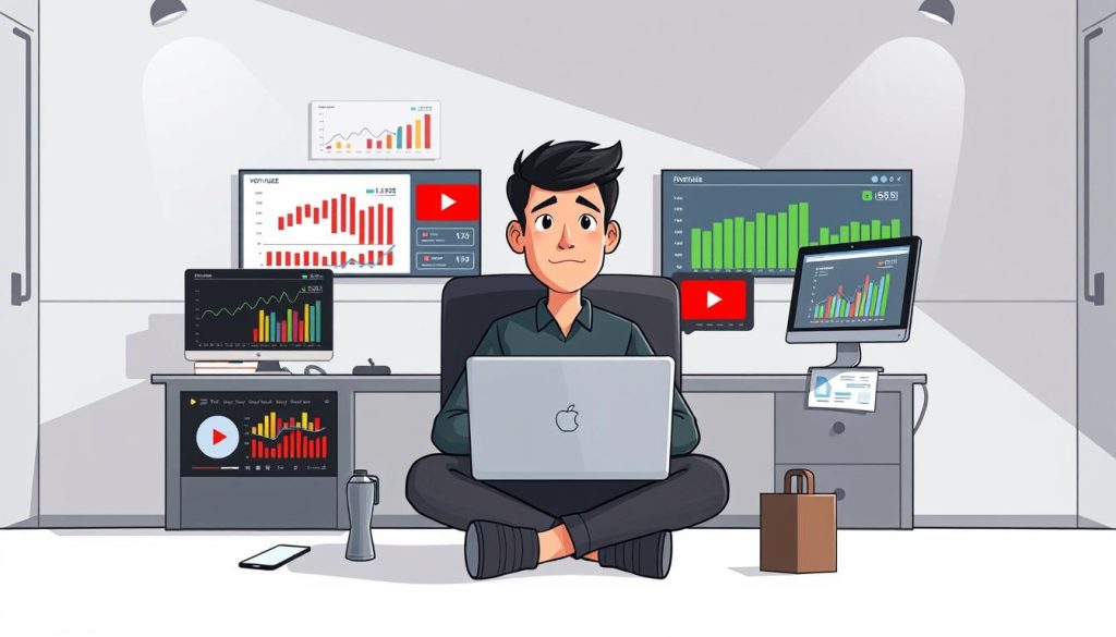 A detailed, analytical visualization of YouTube revenue analysis. Depicted as a stylized cartoon scene, featuring a central character - a young, tech-savvy individual - sitting at a desk, surrounded by charts, graphs, and financial data displayed on a laptop and tablet screens. The background is a minimalist office setting, with clean lines, neutral colors, and subtle geometric patterns, creating a professional, data-driven atmosphere. Lighting is soft and indirect, casting subtle shadows and highlights to accentuate the analytical nature of the scene. The overall mood is one of focused contemplation and diligent financial assessment, reflecting the subject matter of YouTube revenue analysis.