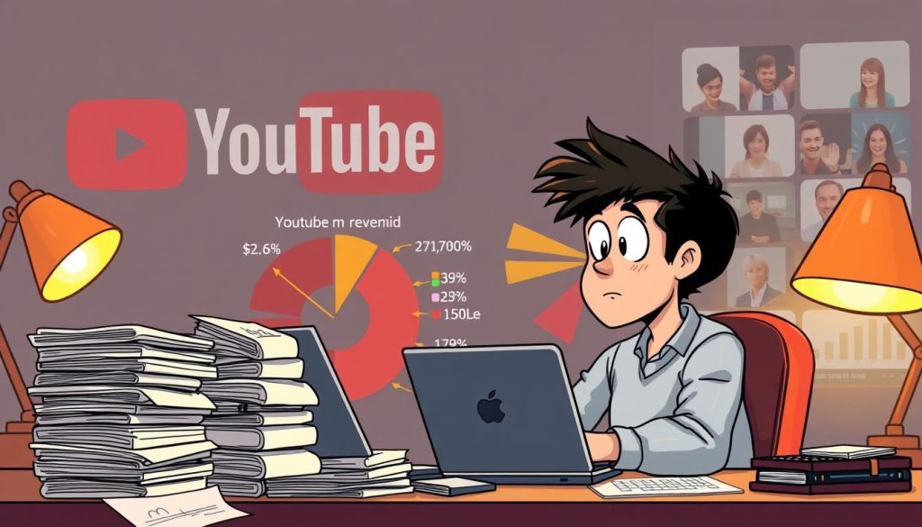A detailed cartoon illustration depicting a YouTuber scrutinizing their revenue stream. In the foreground, the YouTuber sits at a desk, surrounded by stacks of papers, a laptop, and a calculator, intently studying their earnings data. The middle ground features a large pie chart displaying YouTube monetization metrics, with different colored slices representing ad revenue, sponsorships, and other income sources. The background shows a stylized YouTube logo and various video thumbnails, hinting at the platform's influence. The scene is illuminated by a warm, focused lighting, creating a pensive, analytical atmosphere as the YouTuber carefully analyzes their financial performance.