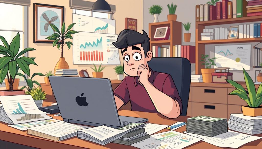 A detailed cartoon scene depicting a YouTuber reviewing their channel's income and analytics. The YouTuber is sitting at a desk, laptop open, surrounded by charts, graphs, and financial documents. A stack of dollar bills sits on the desk, representing the channel's earnings. The YouTuber has a thoughtful, analytical expression as they pore over the data, considering ways to optimize their content and monetization strategies. The background shows a cozy, home office setting with bookshelves, plants, and other creative accoutrements. Warm, natural lighting casts a contemplative mood over the scene. The overall composition conveys the complex process of critically evaluating one's YouTube earnings and making informed decisions to improve the channel's financial performance. A detailed cartoon scene depicting a YouTuber reviewing their channel's income and analytics. The YouTuber is sitting at a desk, laptop open, surrounded by charts, graphs, and financial documents. A stack of dollar bills sits on the desk, representing the channel's earnings. The YouTuber has a thoughtful, analytical expression as they pore over the data, considering ways to optimize their content and monetization strategies. The background shows a cozy, home office setting with bookshelves, plants, and other creative accoutrements. Warm, natural lighting casts a contemplative mood over the scene. The overall composition conveys the complex process of critically evaluating one's YouTube earnings and making informed decisions to improve the channel's financial performance.