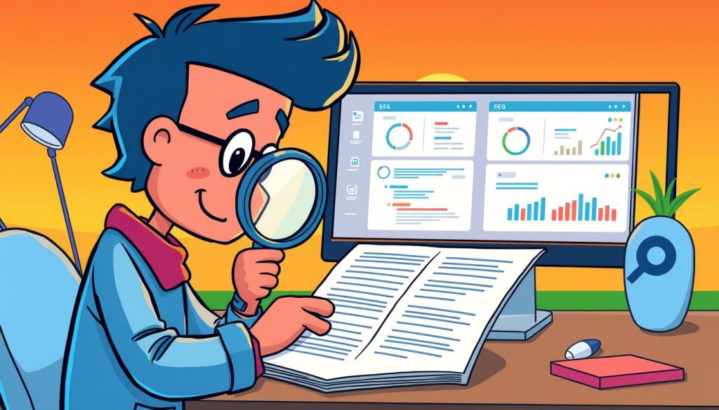 A detailed, vibrant illustration showcasing the process of keyword analysis and SEO optimization. In the foreground, a colorful character representing the SEO specialist examines a magnifying glass, meticulously inspecting a series of keyword-rich documents. The middle ground features a sleek, minimalist desktop setup with various digital tools and analytics dashboards, reflecting the technical aspects of the task. The background sets the scene with a warm, sunset-lit workspace, evoking a sense of focus and productivity. The overall composition conveys the thoughtful, analytical nature of the subject matter through a whimsical, cartoon-inspired visual style. A detailed, vibrant illustration showcasing the process of keyword analysis and SEO optimization. In the foreground, a colorful character representing the SEO specialist examines a magnifying glass, meticulously inspecting a series of keyword-rich documents. The middle ground features a sleek, minimalist desktop setup with various digital tools and analytics dashboards, reflecting the technical aspects of the task. The background sets the scene with a warm, sunset-lit workspace, evoking a sense of focus and productivity. The overall composition conveys the thoughtful, analytical nature of the subject matter through a whimsical, cartoon-inspired visual style.